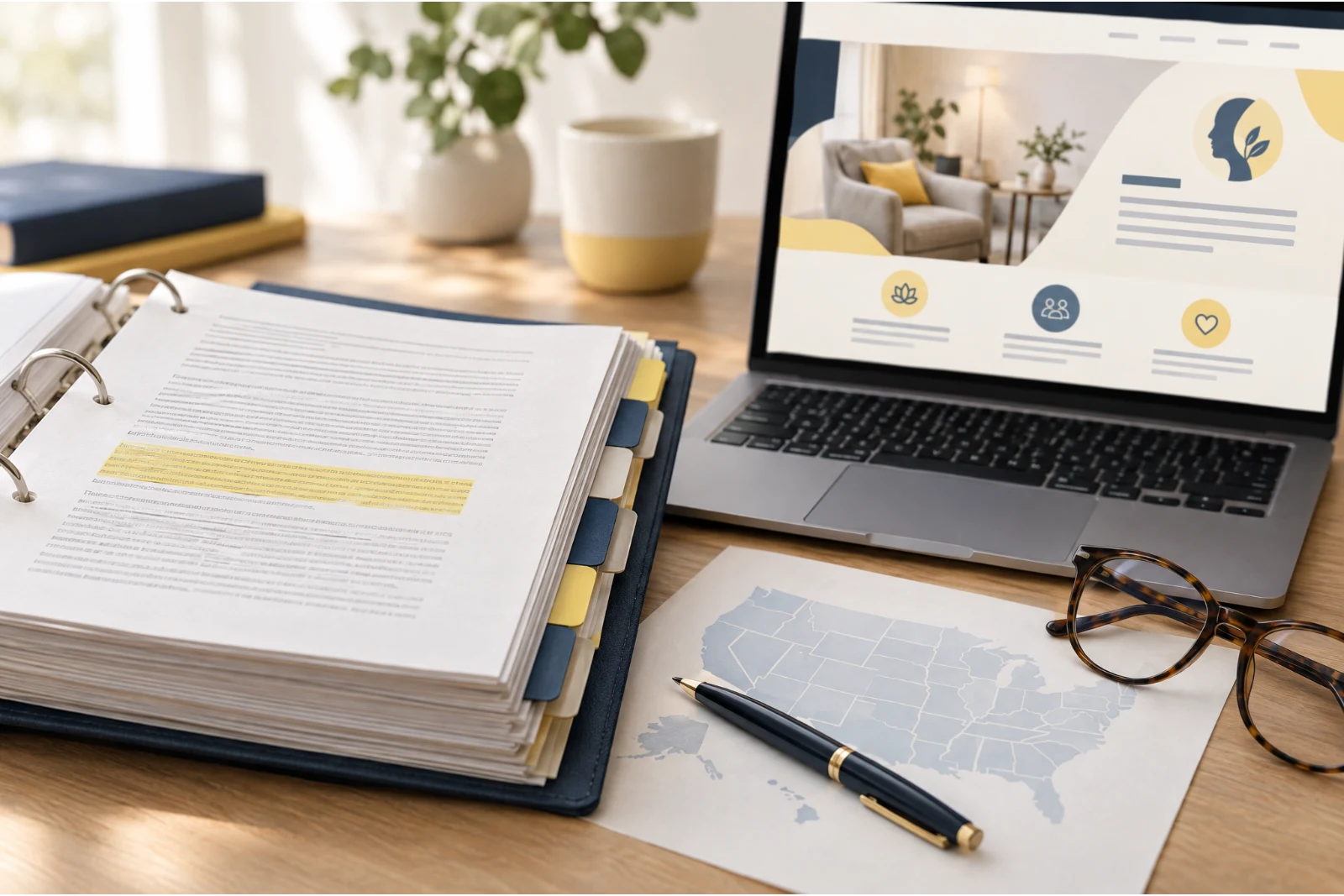 A legal binder with one passage highlighted beside a therapist website on a laptop