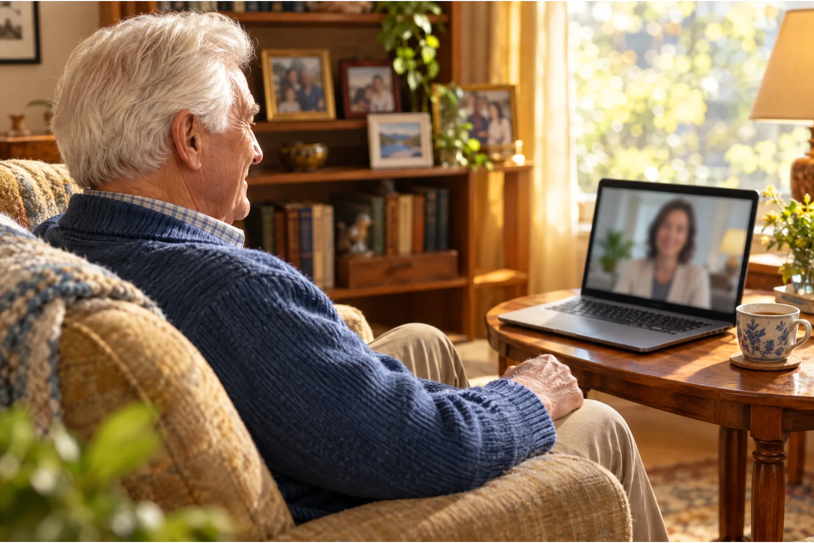 An older man in his armchair at home in a video therapy session