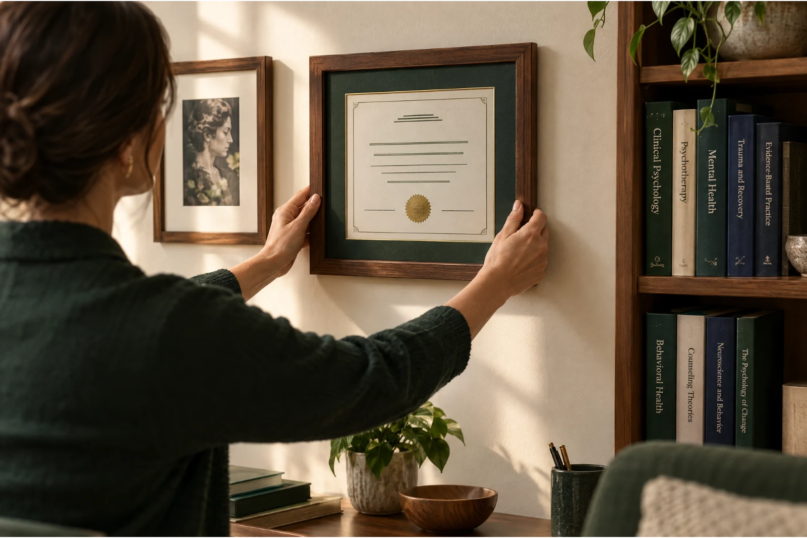 A therapist straightening her framed licence on the wall of her office