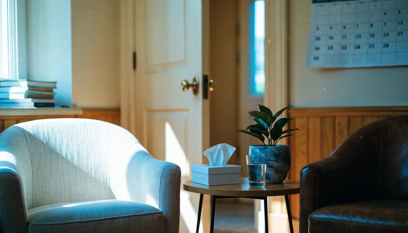 A warm, empty therapy office in morning light with the door slightly open