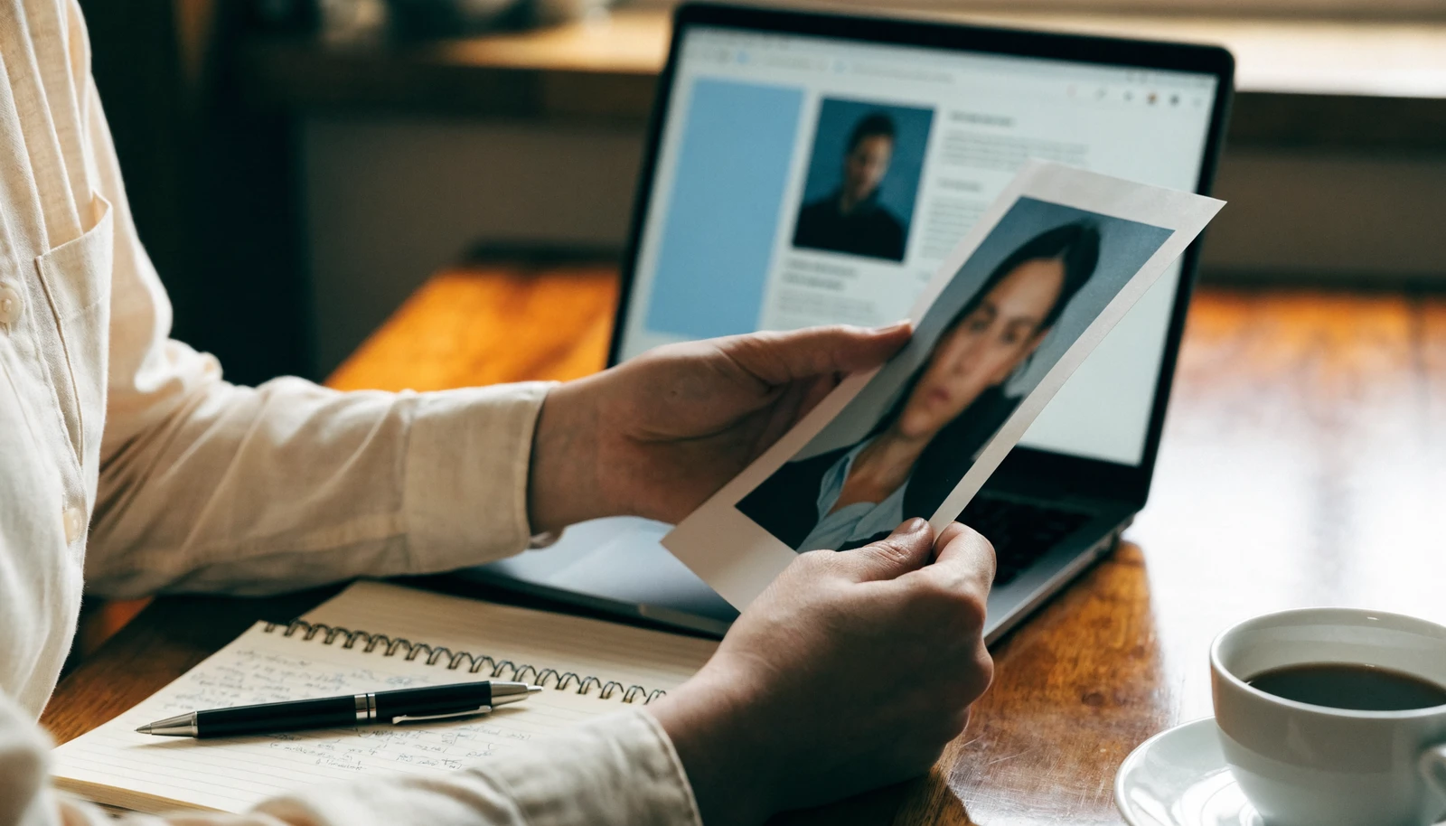 A therapist arranging a headshot beside a directory profile layout on a laptop