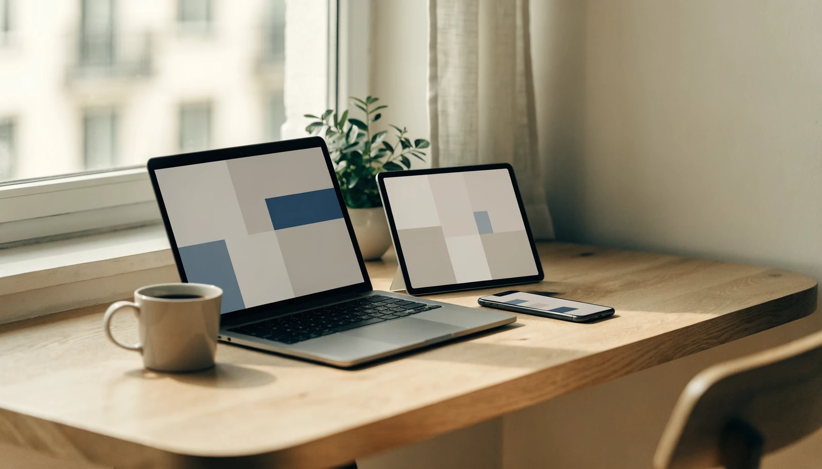 A desk with a laptop, tablet and phone showing three calm therapist website layouts
