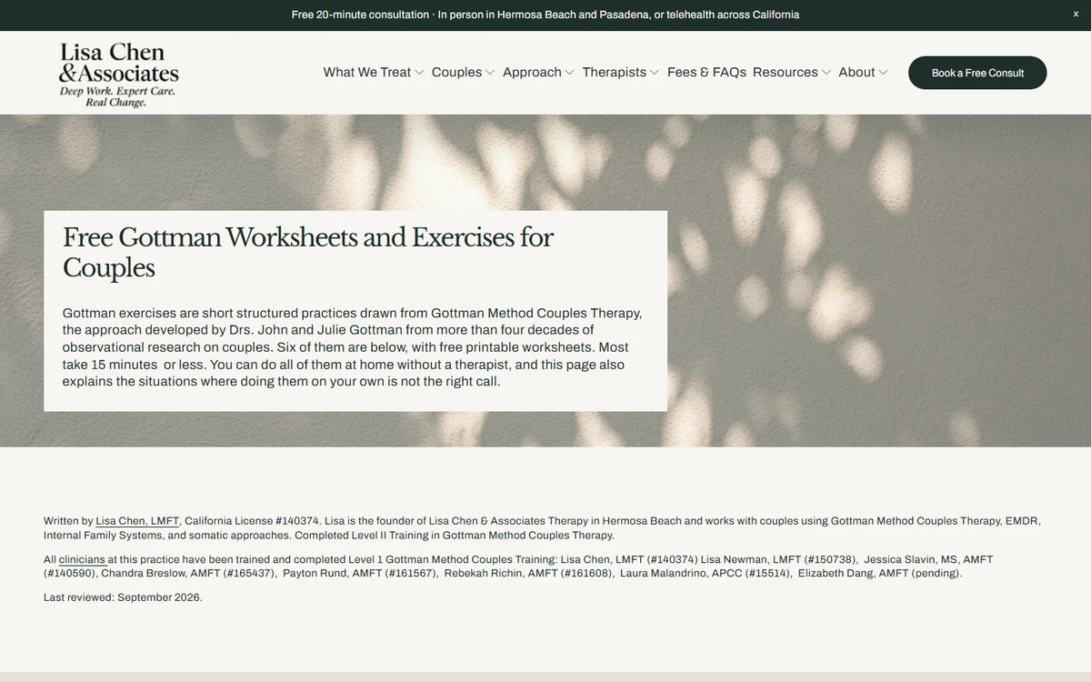 Lisa Chen Therapy free Gottman exercises page