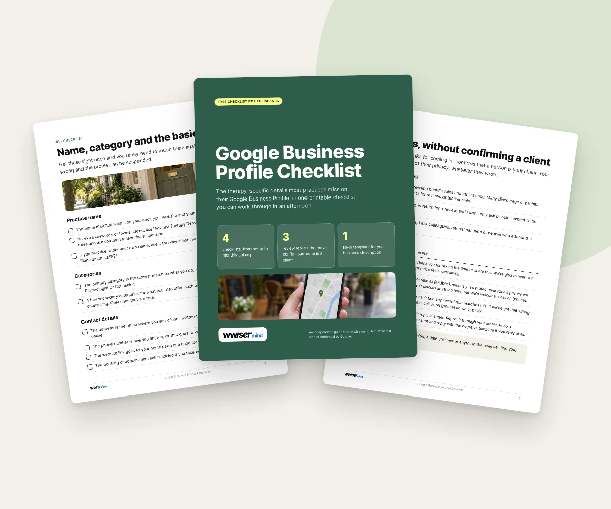 Pages from the Google Business Profile Checklist: the cover, the name and category checklist and the review reply templates