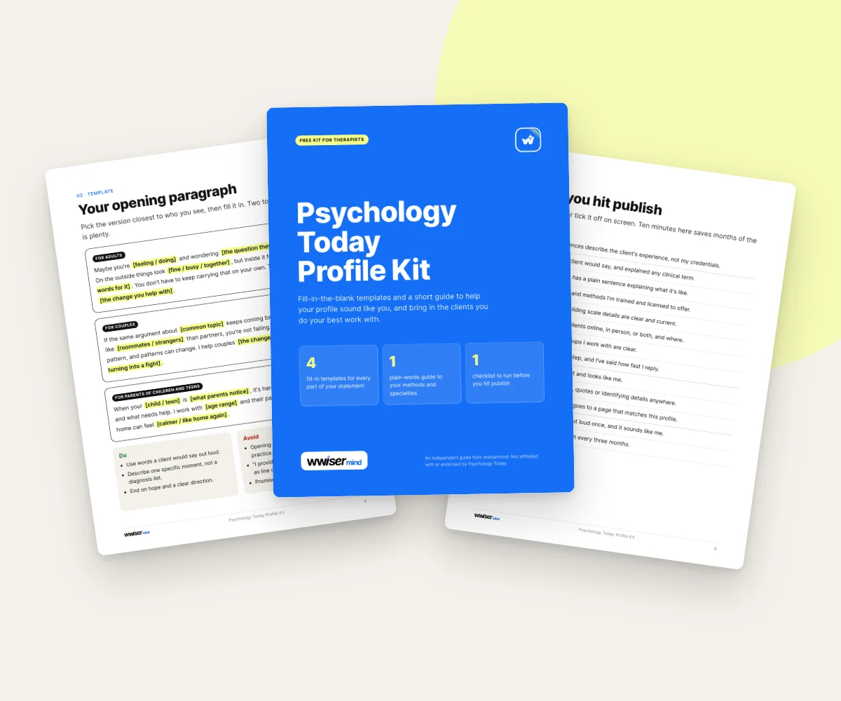 Pages from the Psychology Today Profile Kit: the cover, the opening paragraph templates and the publish checklist
