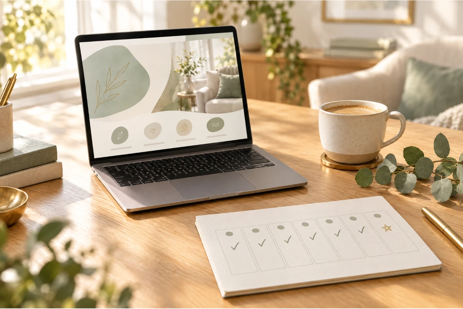 A newly launched therapist website on a laptop beside a week planner with the last day starred