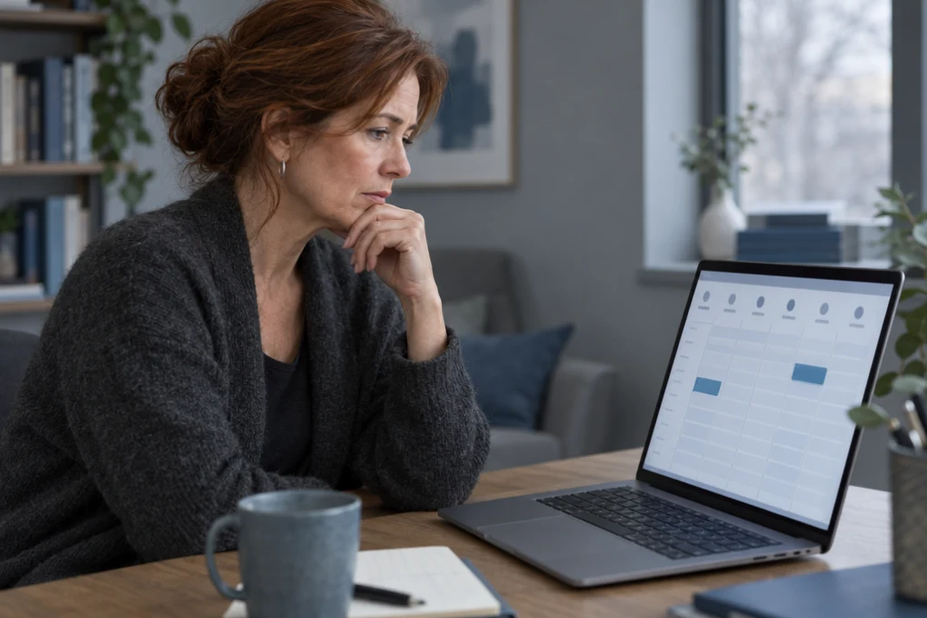 A therapist looking at a mostly empty week of bookings on her laptop