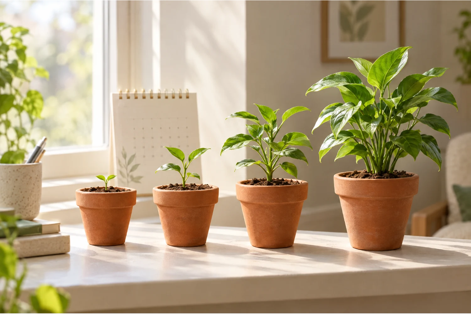 Four pots on a windowsill showing the same plant growing month by month
