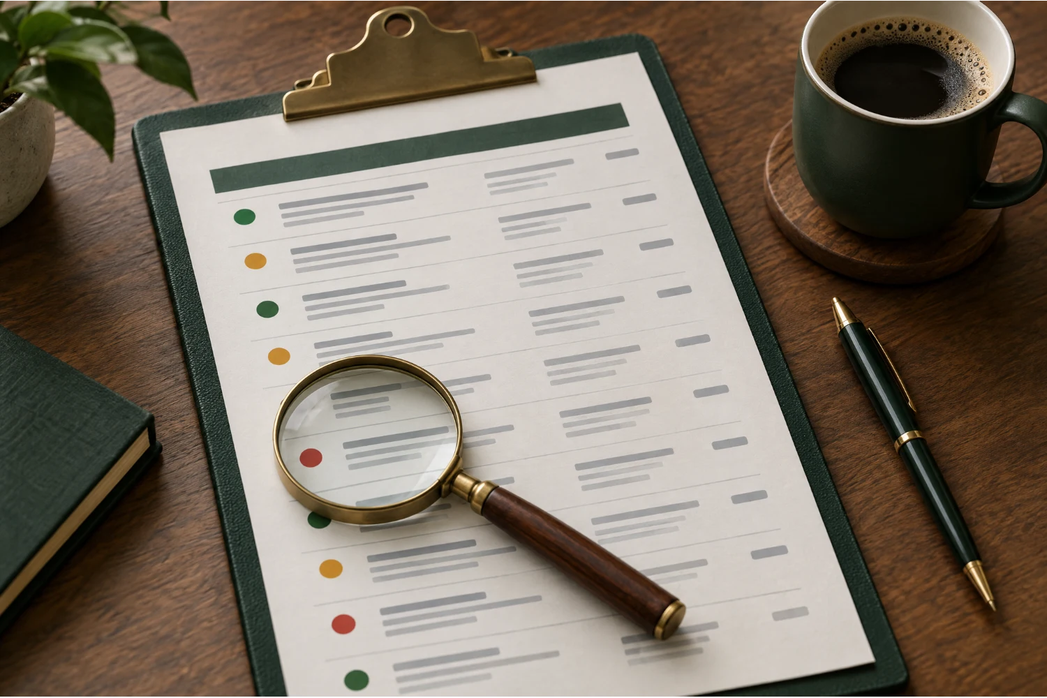 A printed site assessment with green, amber and red rows under a magnifying glass