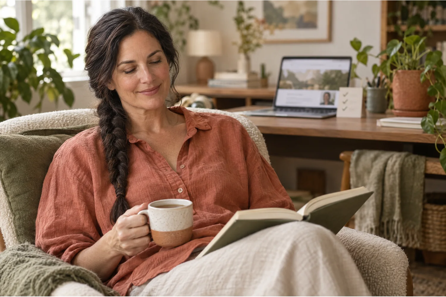 A therapist relaxing with tea and a book while her site is looked after