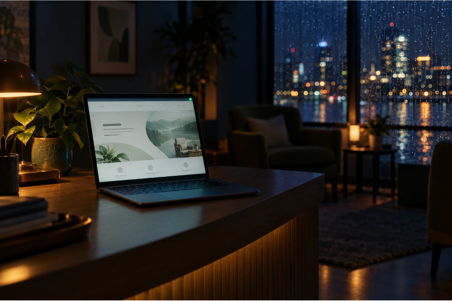 A practice website left running on the reception laptop after hours, a small green status light on
