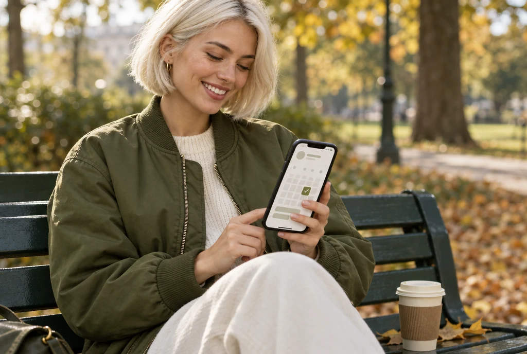 A young woman on a park bench smiling at her booking confirmation