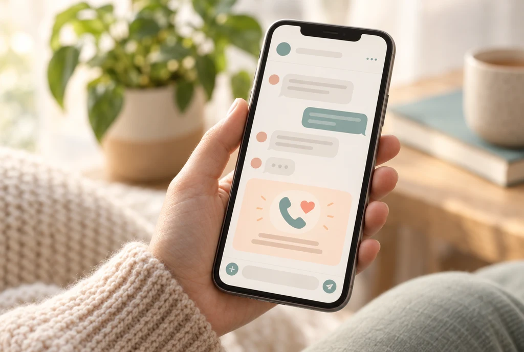 A chat that shows a gentle support card pointing to a help line