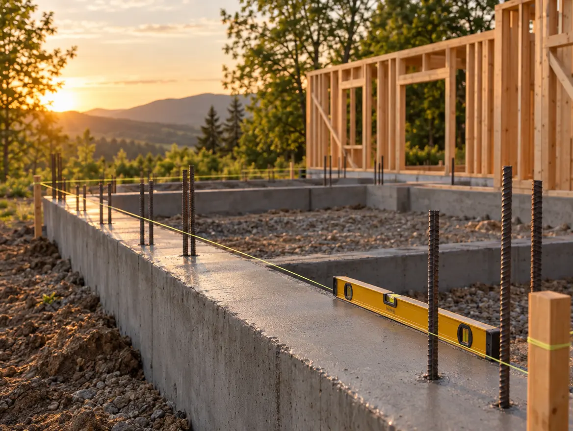 A new building foundation set level and true at golden hour