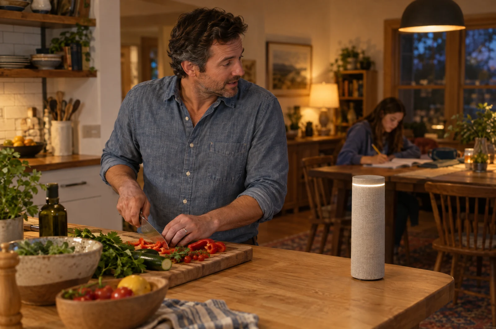 A father cooking dinner, asking a question out loud to a speaker on the counter