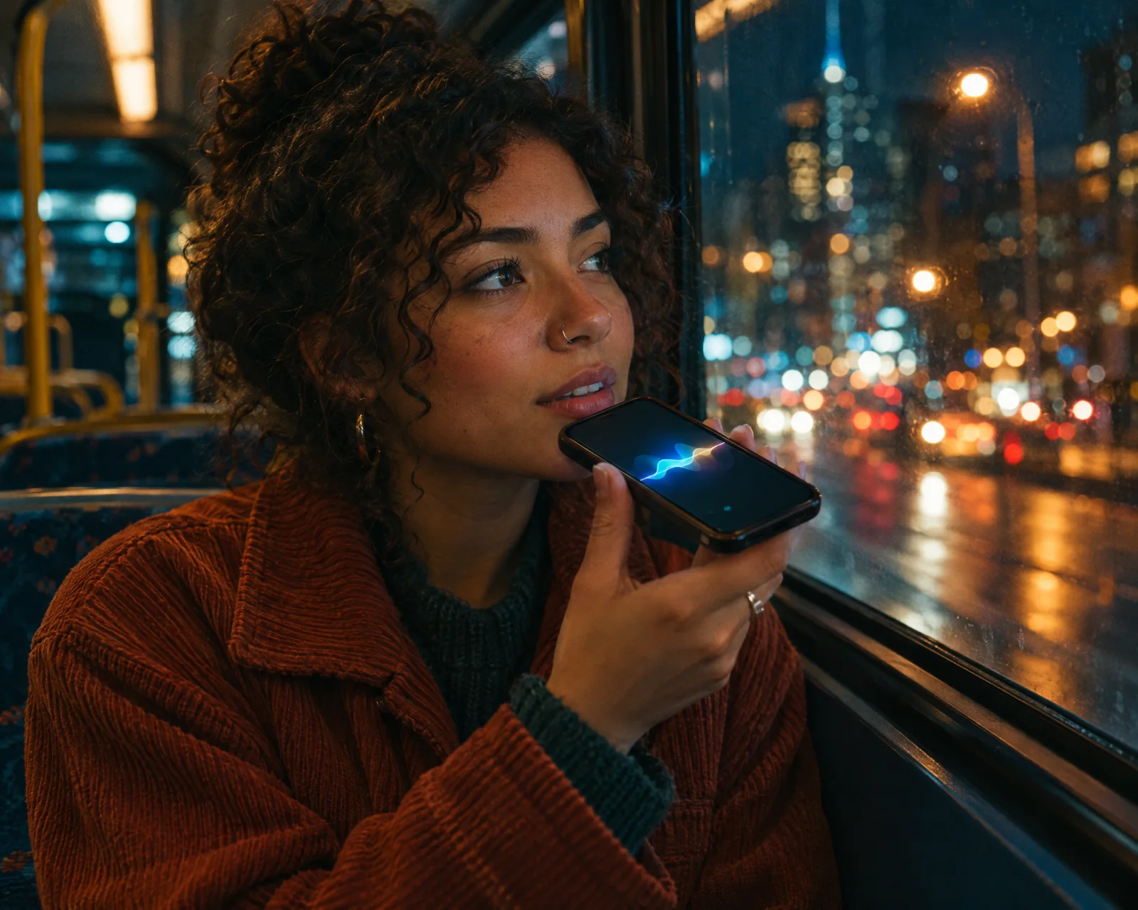 A young woman on a night bus quietly asking a voice assistant for a therapist