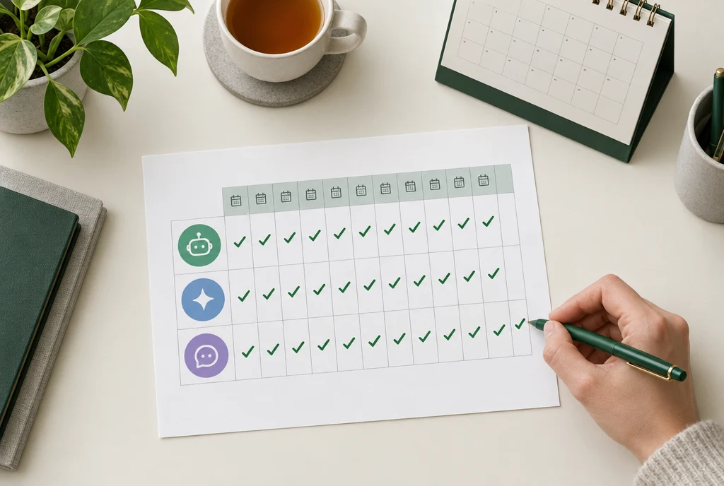 A monthly grid of AI tool checks, the newest one being ticked
