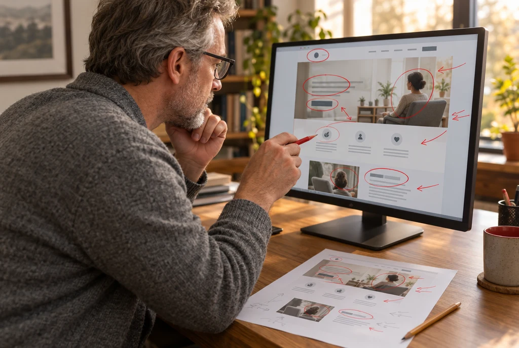A senior designer marking up a page draft on his monitor