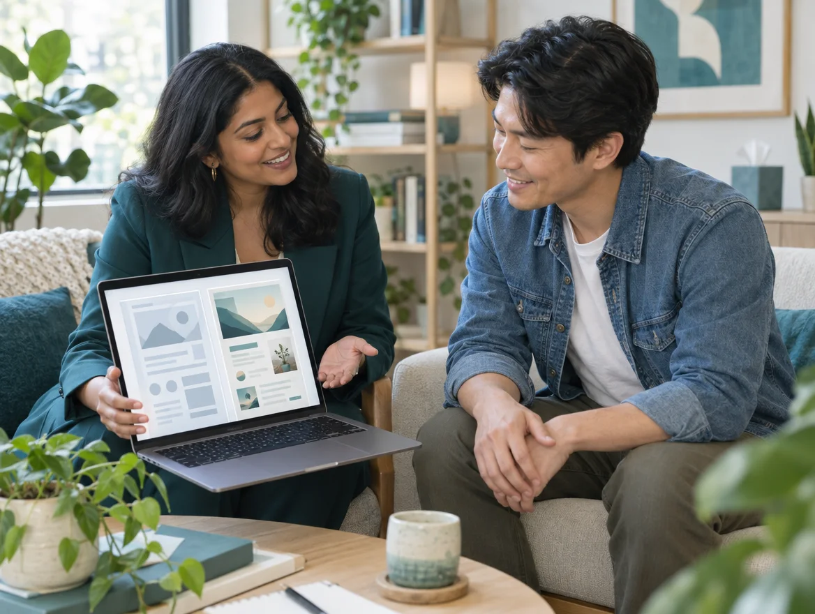 A designer showing a therapist the AI draft beside the finished page