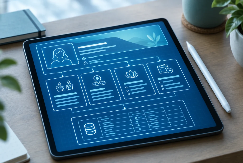 A practice web page drawn as a clear structured blueprint on a tablet