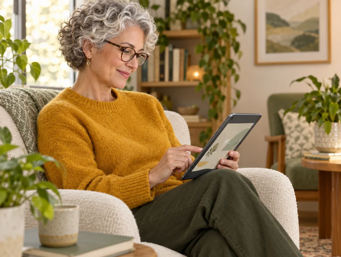A therapist in her armchair reviewing her new site on a tablet