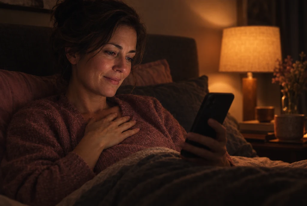 A woman reading a therapist website in bed late at night, her hand on her chest