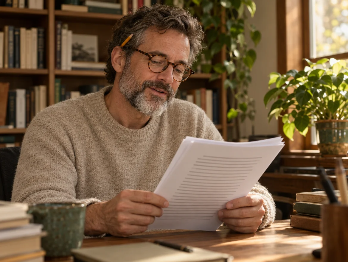 A copywriter reading a draft aloud at his desk to hear how it sounds