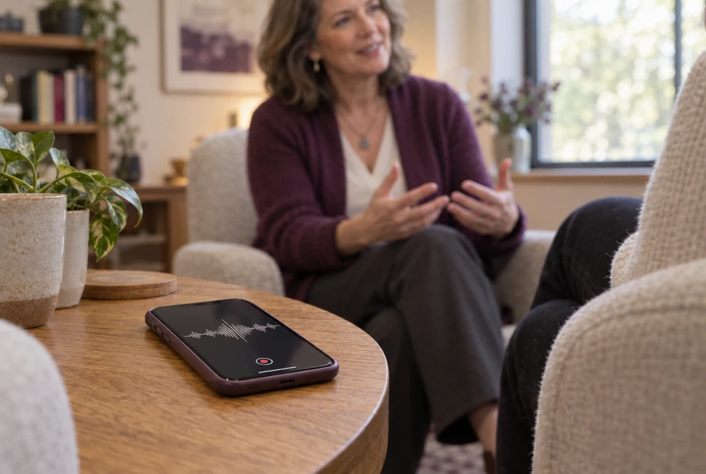 A phone recording the interview while a therapist talks in her office