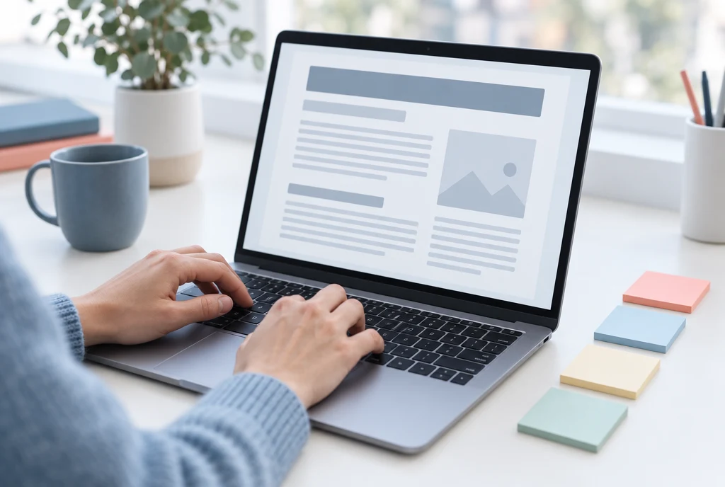 Hands typing a clearly structured page with one heading and short paragraphs