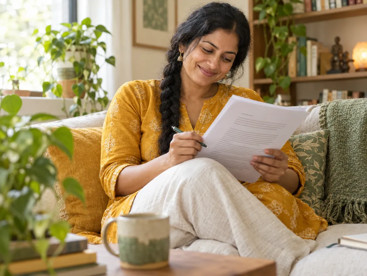 A therapist on her sofa smiling as she reads the draft of her About page