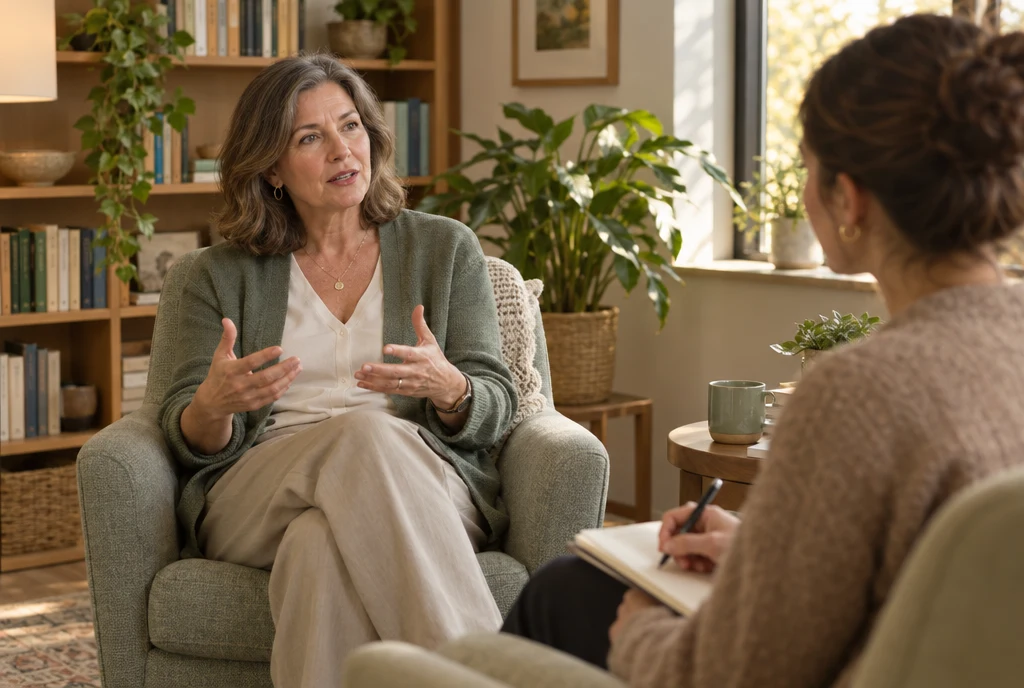 A clinician talking in an armchair while an interviewer takes notes