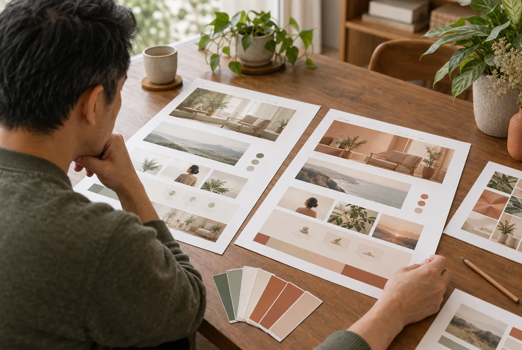 A practice owner comparing printed page designs and colour swatches on a table
