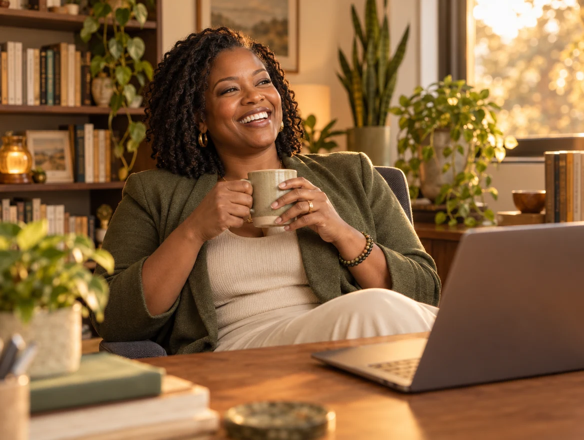 A practice founder laughing at her desk with a mug at the end of the day