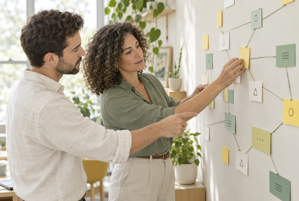 A practice owner and a colleague arranging cards into a site map on the office wall
