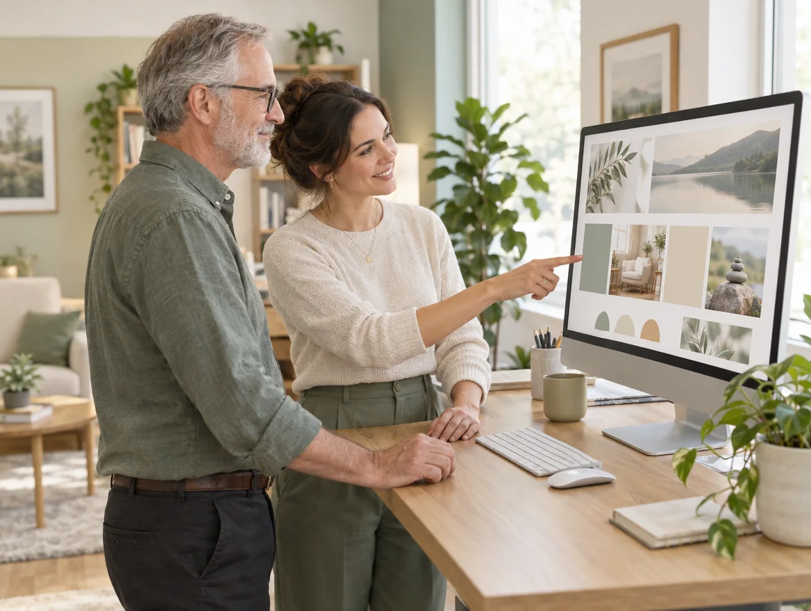 Two therapists from one practice reviewing a page design on a large monitor
