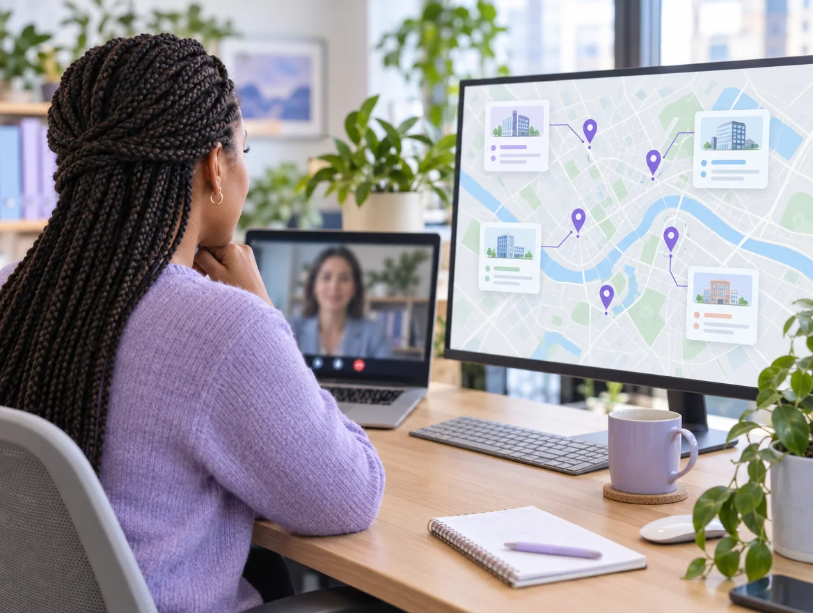 A practice manager on a call beside a map of the practice office locations