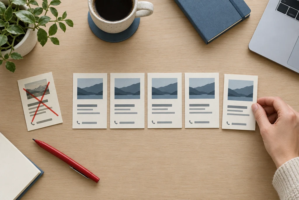 Matching listing cards lined up, with an old mismatched one crossed out