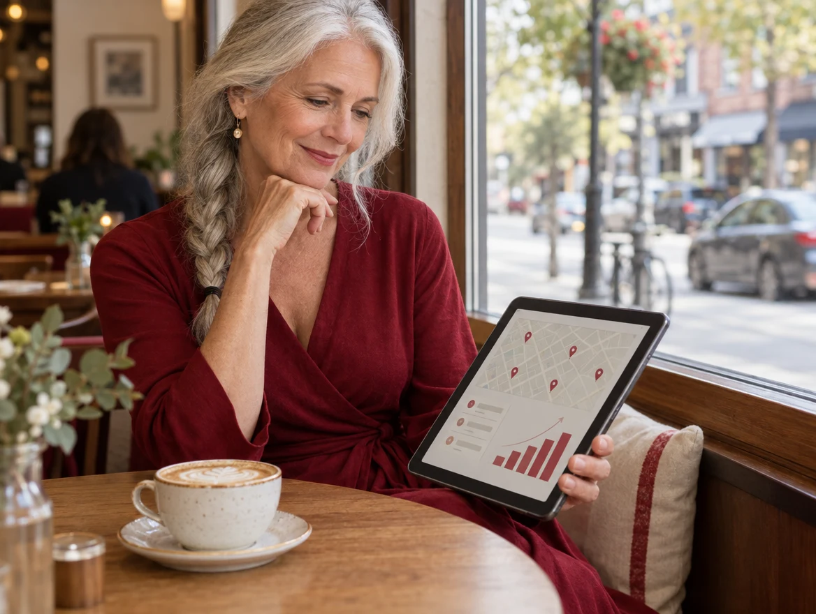 A therapist in a cafe reviewing her local search report on a tablet