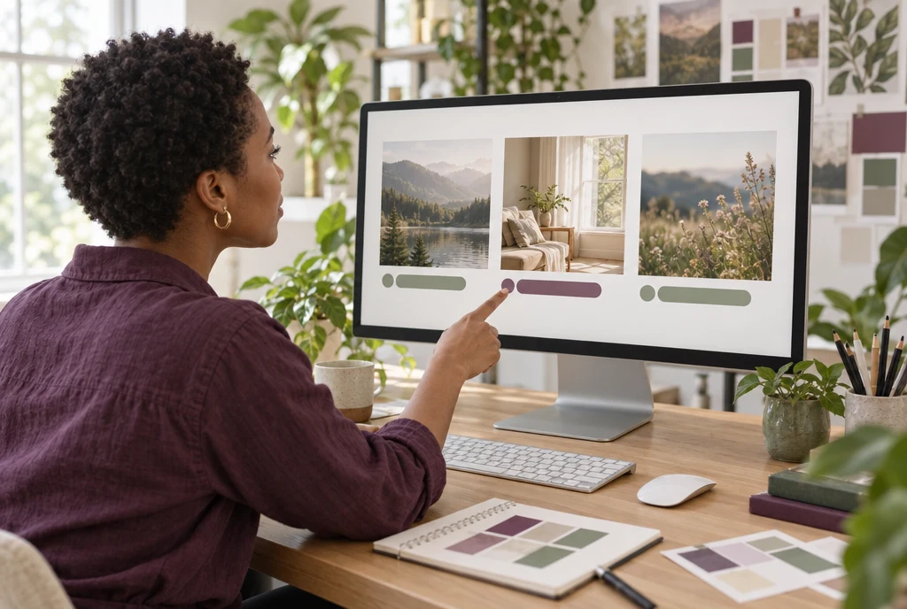 A designer comparing three calm ad versions side by side