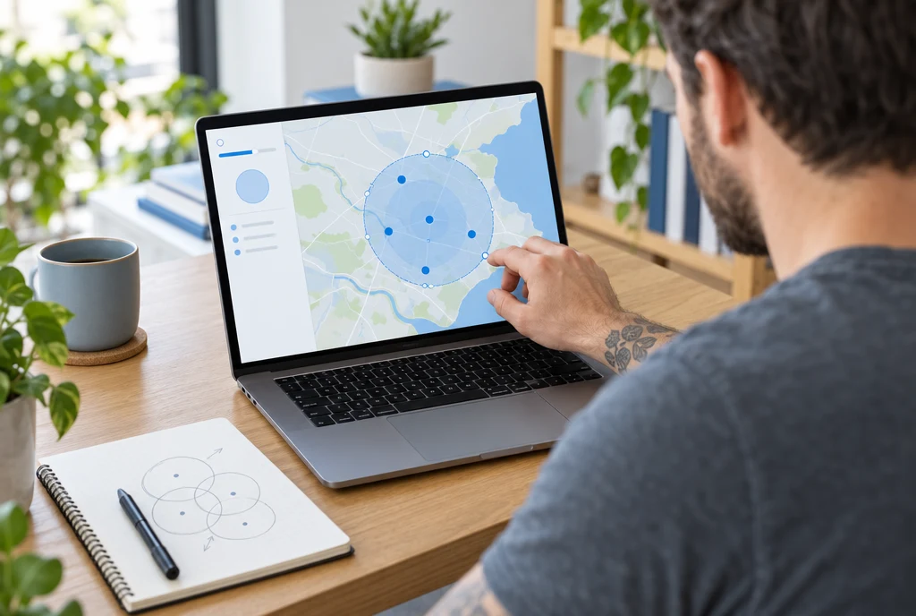 A marketer setting a small radius around nearby towns on a map