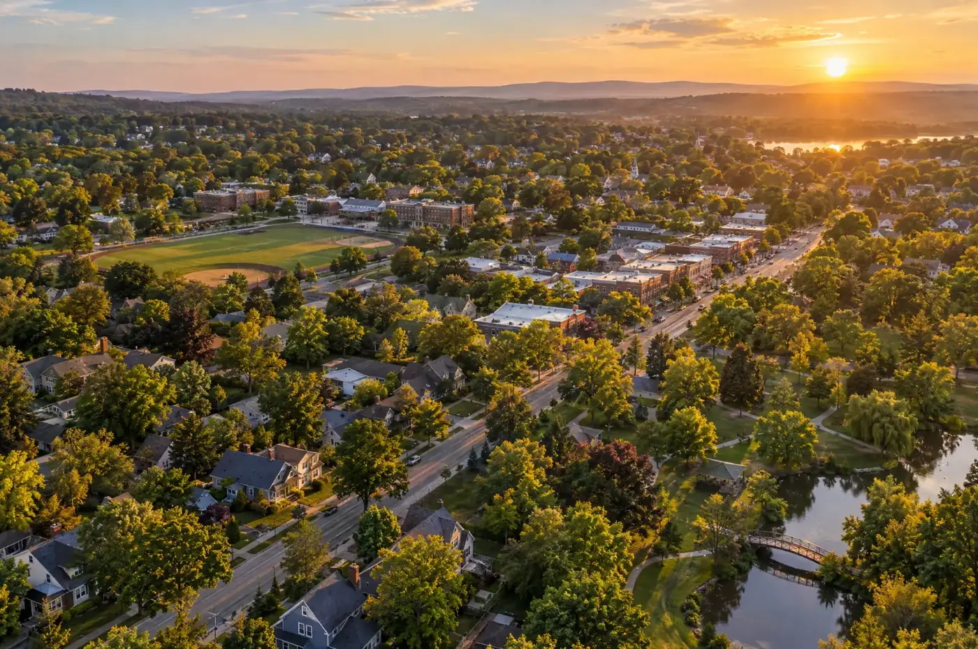 A leafy suburban town at golden hour, the area a practice serves