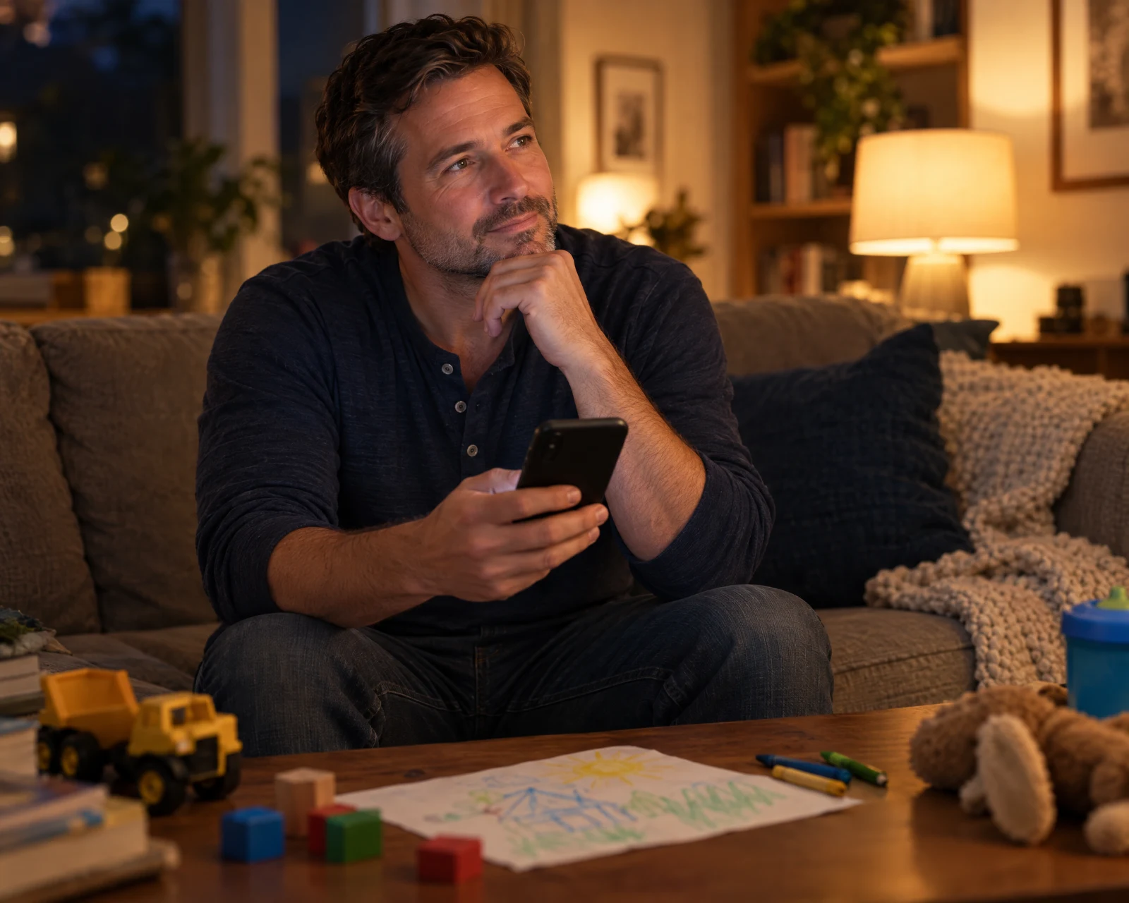 A father on the sofa late in the evening, pausing on something in his feed