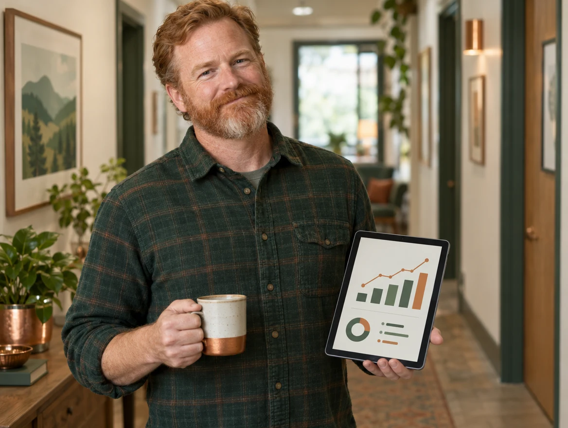 A therapist in his hallway reviewing a monthly campaign report on a tablet