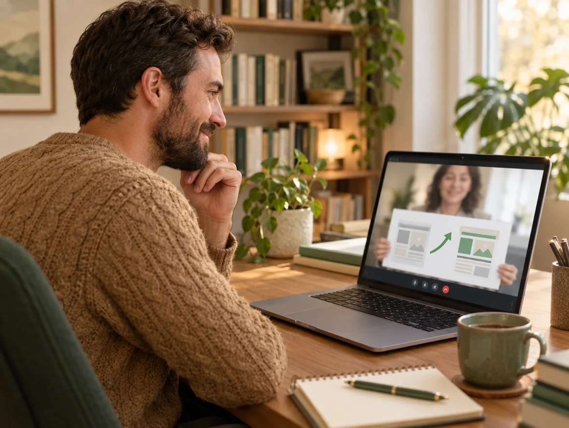 A therapist on a video call seeing a before and after of his site