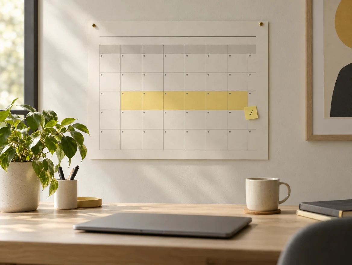 A wall planner with one fixed block of weeks highlighted and ticked