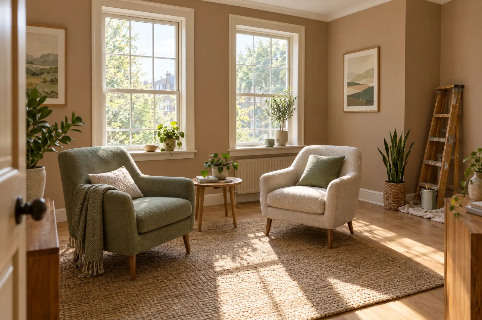 A freshly renovated therapy room on completion day, ladder folded in the corner