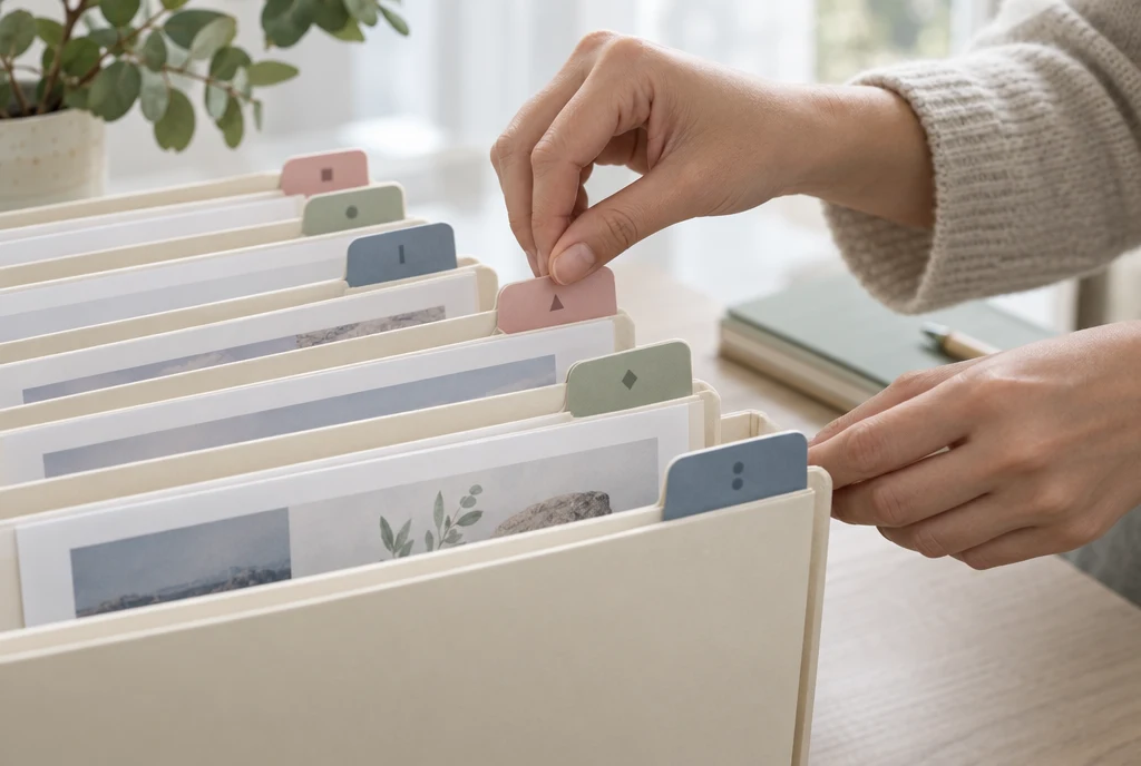 Hands sliding labelled tabs into a row of folders, one page in each