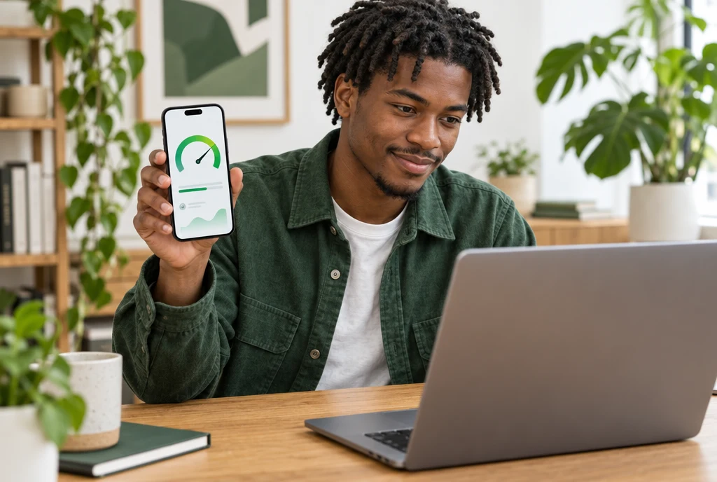 A developer holding up a phone to test how fast a therapist site loads