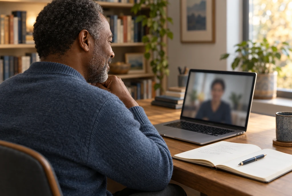 A therapist on a video call at his desk, with notes from the conversation beside him