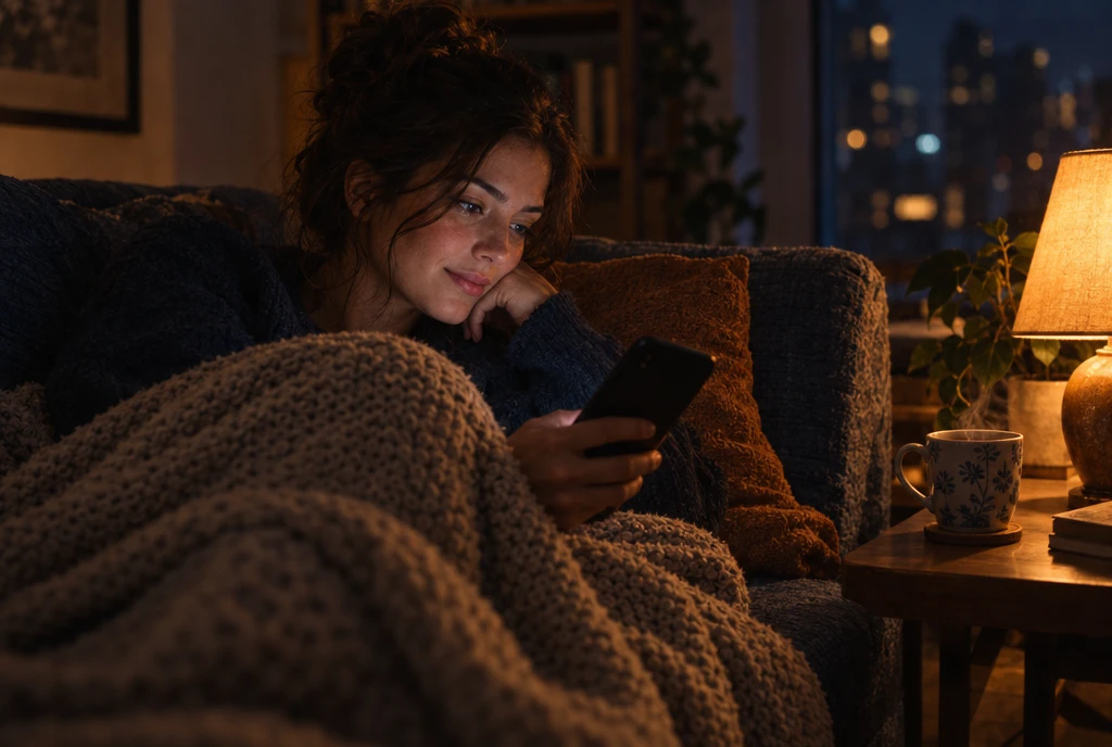 A woman on her sofa late at night, searching on her phone by lamplight